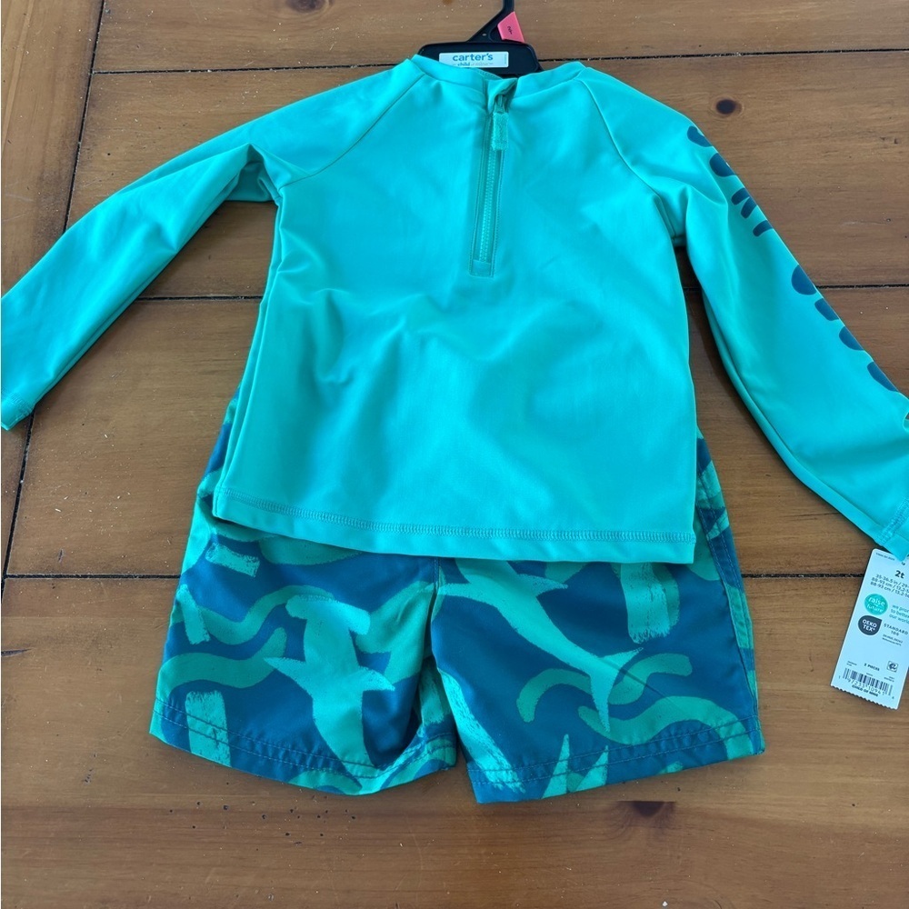 Boys 2T Carter's Kids Swim Trunks and Rashguard Set - Aqua and Teal sharks.